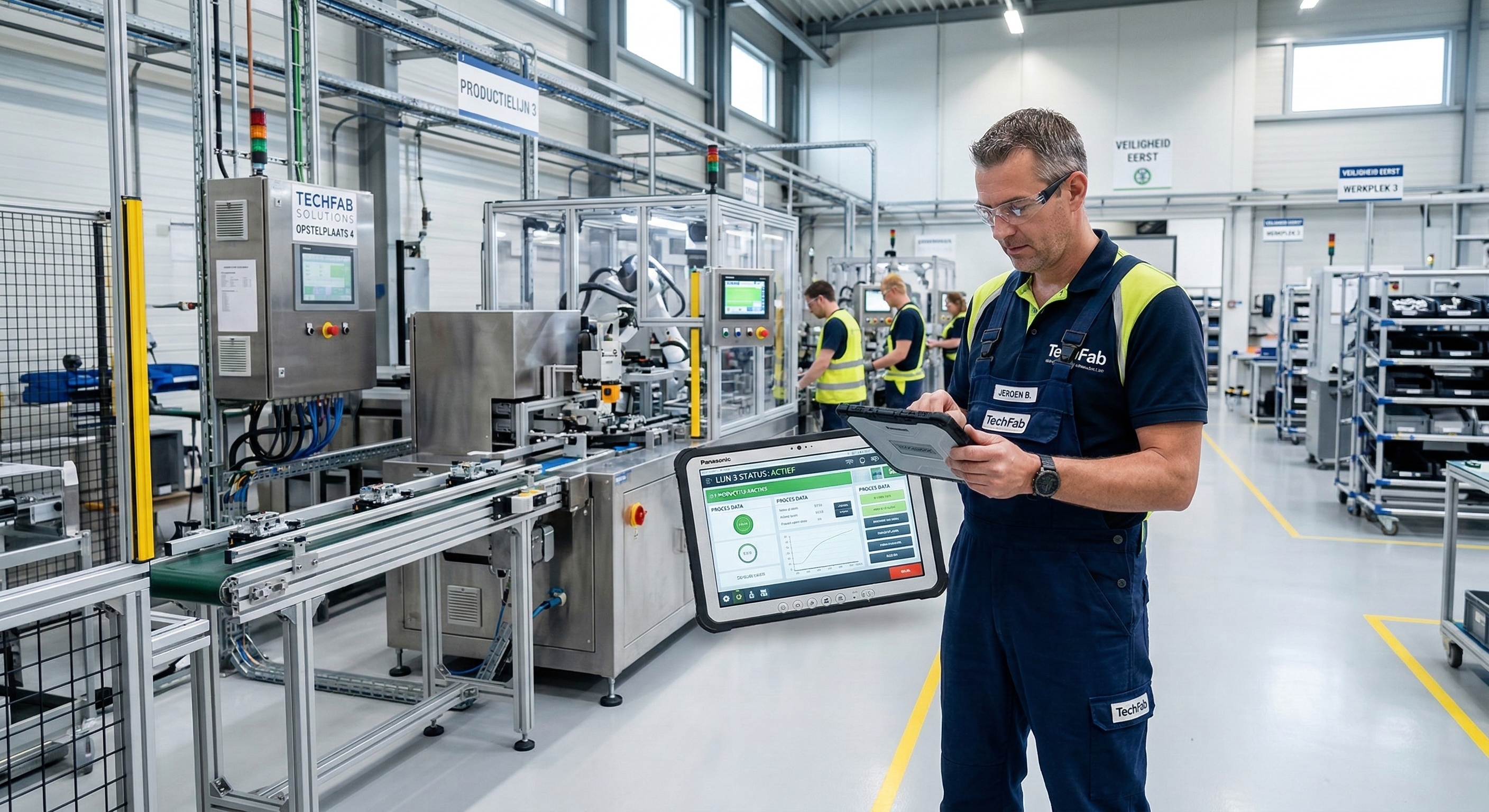 Operator met tablet lopend langs productielijn